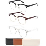 CCVOO 3 Pack Reading Glasses Blue Light Blocking, Retro Semi Rimless Readers for Men Women, Round Eyewear Filter UV400