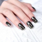 iBeautying Press on Nails - Metallic Mirror Gray Black False Nails | Punk Metal Finish Short Reusable Fake Nails in 10 Sizes - 24 Nail Kit with Jelly Glue Pad