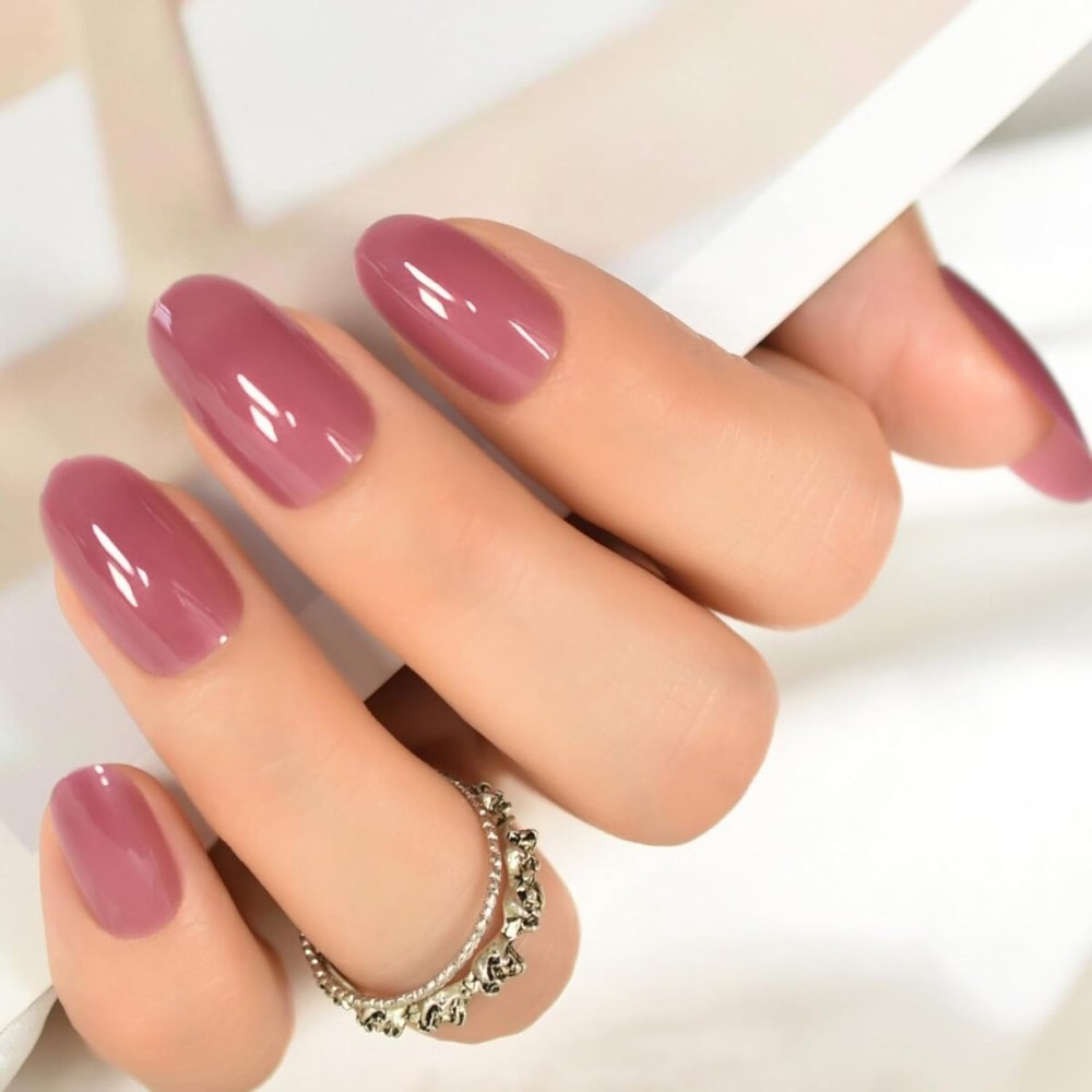 iBeautying Press on Nails - Taro Red Pure Color Semi-Transparent False Nails | UV Gel Finish Medium Short Small Round Shape Reusable Fake Nails - 24 Nail Kit with Jelly Glue Pad