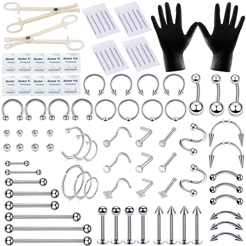 TKKUY 94PCS Mixed-pack Piercing Kits for All Body Piercings Stainless Steel 14G 16G 20G Jewelry and Needle with Tools Nose Septum Lip Ear Belly Button Cartilage Tragus