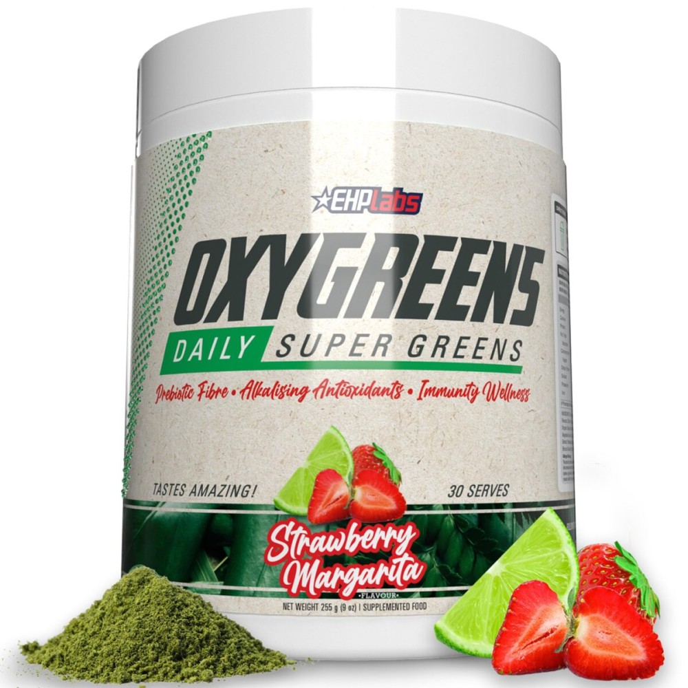 EHP Labs OxyGreens Super Greens Powder - Spirulina & Chlorella Superfood, Green Juice Powder & Greens Supplements with Prebiotic Fibre, Antioxidants & Immunity Support, 30 Serves (Strawb. Margarita)
