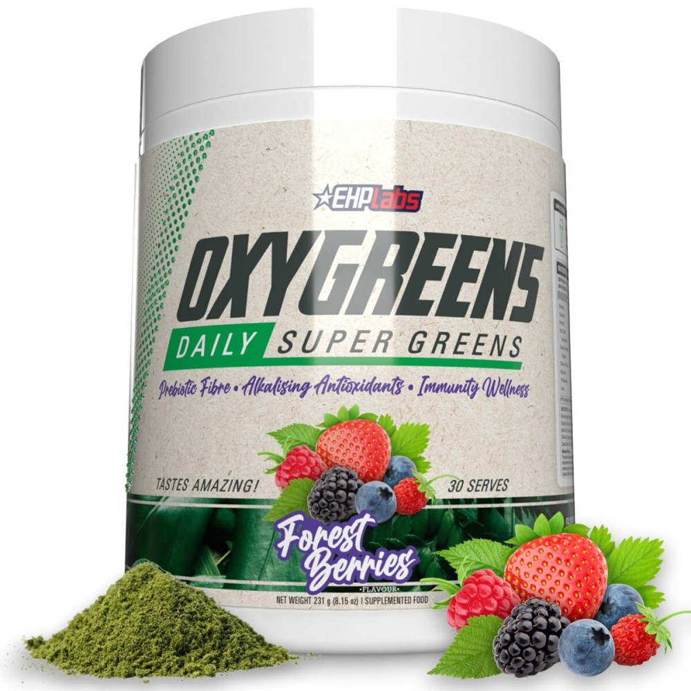 EHP Labs OxyGreens Super Greens Powder - Daily Greens & Superfood Supplement with Spirulina, Chlorella, Prebiotics, Digestive Enzymes, Antioxidants - 30 Servings (Forest Berries)