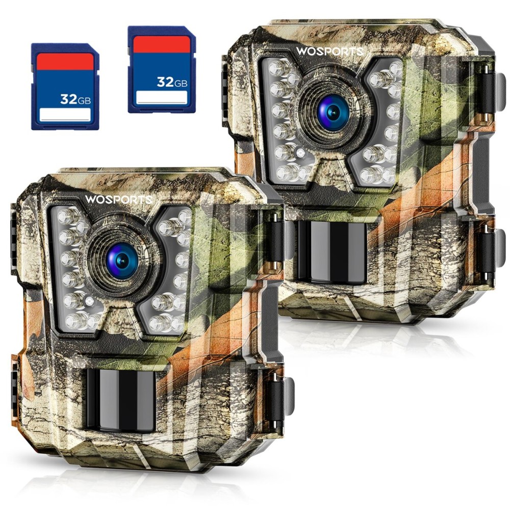 WOSPORTS Mini Trail Camera 2 Pack 24MP 1080P HD, Game Cam with 32GB SD Cards, Waterproof Night Vision Tiny Scouting Camera for Outdoor Wildlife Monitoring