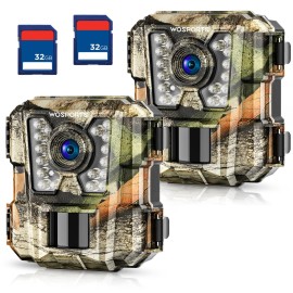 WOSPORTS Mini Trail Camera 2 Pack 24MP 1080P HD, Game Cam with 32GB SD Cards, Waterproof Night Vision Tiny Scouting Camera for Outdoor Wildlife Monitoring