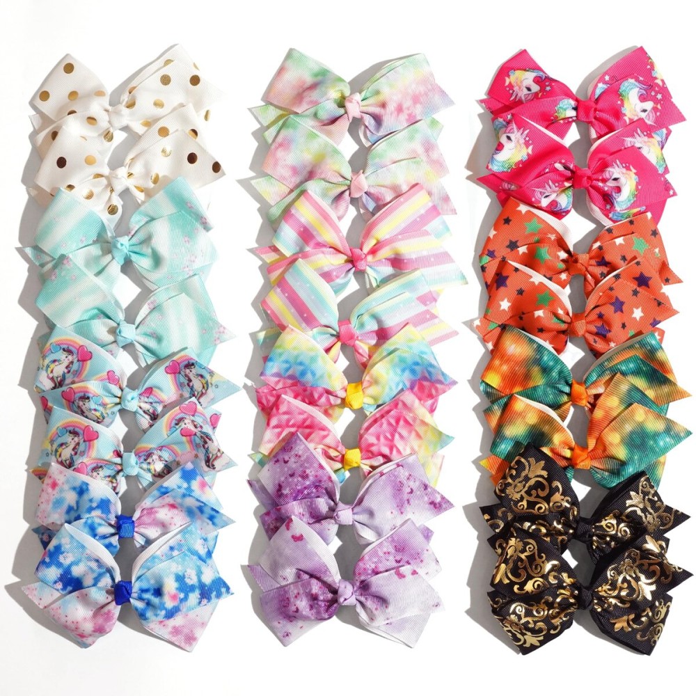 24PCS 4.5Inch Bows for Girls Boutique Grosgrain Ribbon Rainbow Hair Bow Alligator Hair Clips Pigtail Bows Unicorn Hair Clips for Baby Girls Toddler Kids Children Teens in Pairs