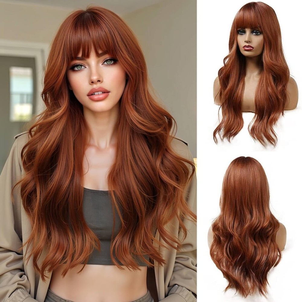 Esmee 24 Inches Long Wavy Copper Brown Wigs for Women Natural Synthetic Hair Heat Resistant Wigs with Bangs for Daily Party Cosplay Use