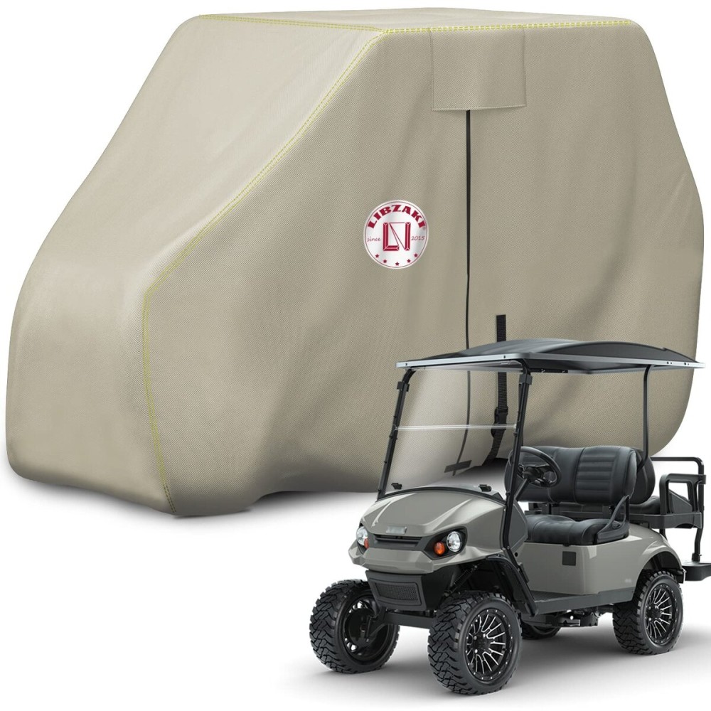 LI LIBZAKI Waterproof Golf Cart Cover, 600D Heavy Duty Marine Grade Fabric, Universal Fits for Most Brand 2+2/4 Passengers Yamaha, Honda, Club Car, EZGO Golf Cart -Light Tan