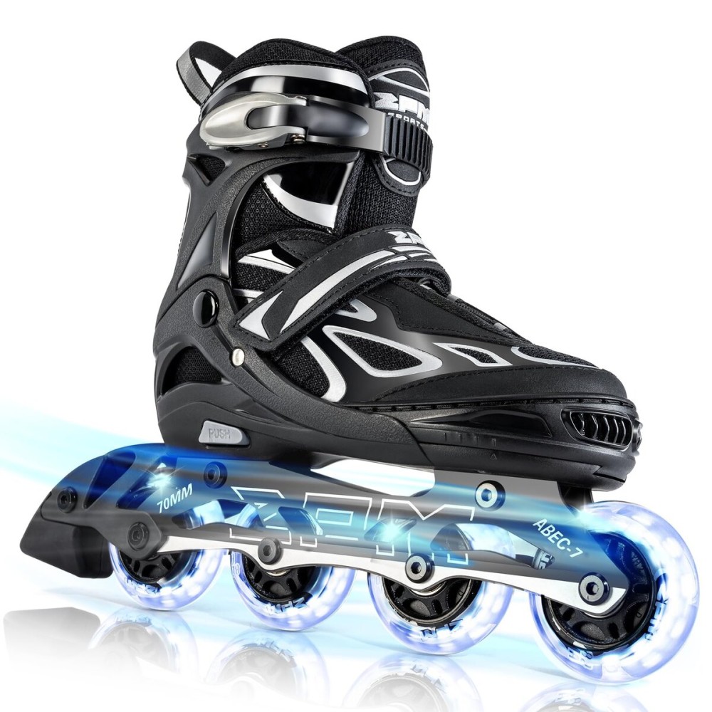 2PM SPORTS Vinal Girls Adjustable Flashing Inline Skates, All Wheels Light Up, Fun Illuminating Skates for Kids and Men - Silver L