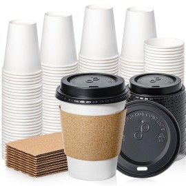 Fit Meal Prep 100 Pack 12 oz Disposable Coffee Cups with Lids, Sleeves, Leak-Proof To Go Coffee Cups with Lids, Durable Paper Cups for Hot Beverage, Home, Office, Party