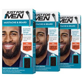 Just For Men Mustache & Beard, Beard Dye for Men with Brush Included, With Keratin Biotin Aloe and Coconut Oil for Healthy Facial Hair - Rich Dark Brown, M-47, Pack of 3 (Packaging May Vary)