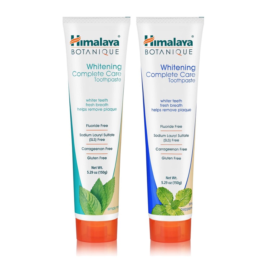 Himalaya Botanique Whitening Complete Care Toothpaste, Mint and Peppermint Flavors - Whitening Toothpaste Without Fluoride for Brighter Teeth & Fresh Breath - Vegan, Gluten Free, 5.29 oz (Pack of 2)