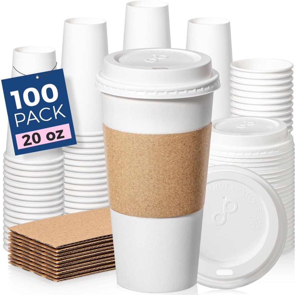 Fit Meal Prep 100 Pack 20 oz Disposable Coffee Cups with Lids, Sleeves, Leak-Proof To Go Coffee Cups with Lids, Durable Hot Paper Cups for Home, Office, Party, Business