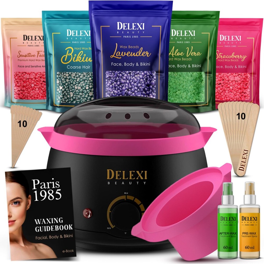 DELEXI Premium Waxing Kit for Sensitive Skin - Painless Hard Wax Beads, Safe Wax Warmer, Pre/Post Care Spray, Salon-Grade Results at Home for Face, Bikini, Brazilian & Full Body