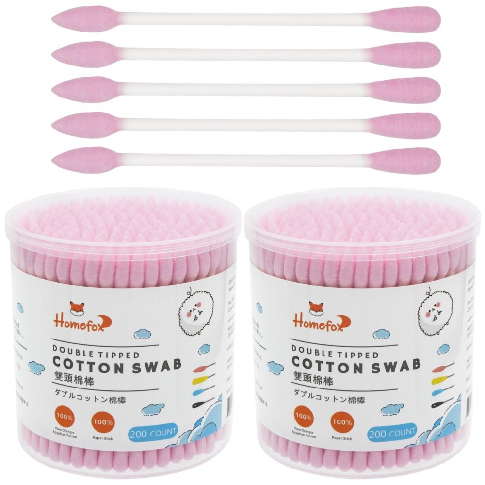 HOMEFOX Pink Cotton Swabs Precision Pointed - 400 Count Pointy Cotton Buds Double Side Tightly Wrapped Cotton Tips Paper Stick Organic Soft Gentle Lint-Free Cruelty-Free, Pointy & Round (Pink)