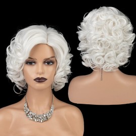 SEVENCOLORS Short White Curly Wigs for Women Natural Soft Hair Cosplay Costume Halloween Wigs Synthetic Big Curly Bob Wig(White)