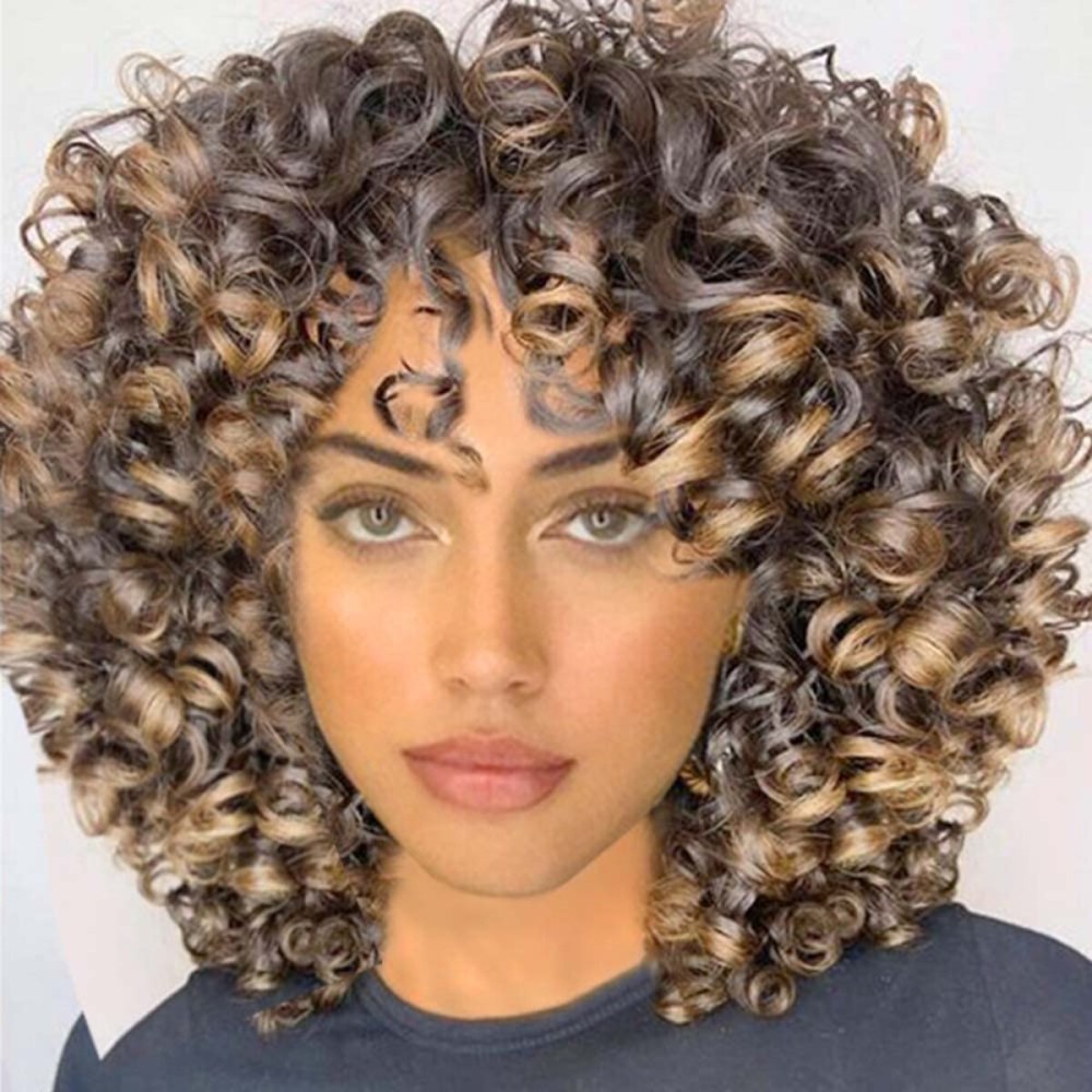 AIDUSA Short Loose Curly Wigs for Black Women Ombre Wig with Bangs Ombre Blonde Wigs for Women Curly Wig Afro Synthetic Soft Hair (T27 Black to Dark Blonde)