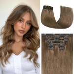 Honsoo Clip in Human Hair Extensions, Ash Brown Hair Extensions Real Human Hair 70g 7pcs 12Inch Silky Straight Brown Natural Hair