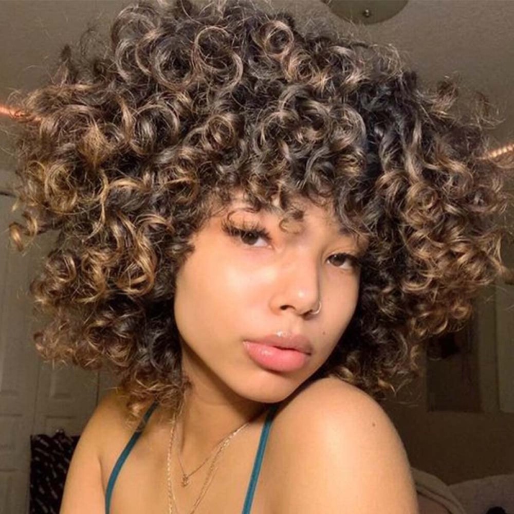 AIDUSA Short Loose Curly Wigs for Black Women Ombre Blonde Wig for Black Women Curly Wig Afro Wigs Synthetic Wig with Bangs Half Wigs for Women Soft Hair Blonde (T30 Black to Light Brown)
