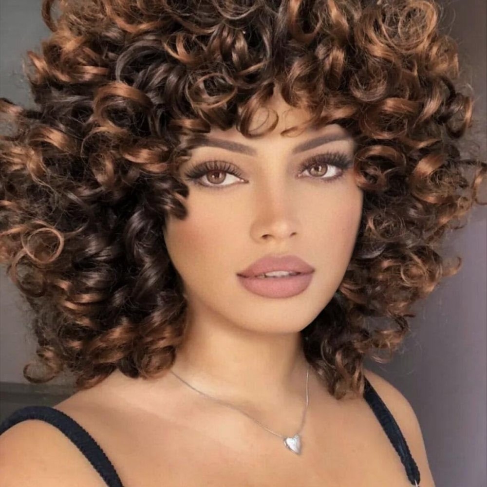 AIDUSA Short Loose Curly Wigs for Black Women Ombre Wig with Bangs Brown Short Curly Wig Afro Synthetic Half Wigs for Women Soft Hair (T33 Black to Brown)