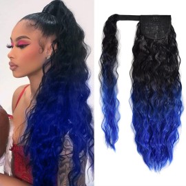 Corn Wave Ponytail Extension Clip in - 22 Inch Long Wavy Curly Wrap Around Pony Tail Synthetic Ponytail Hair Extainson for Women (Natural Black to Blue)