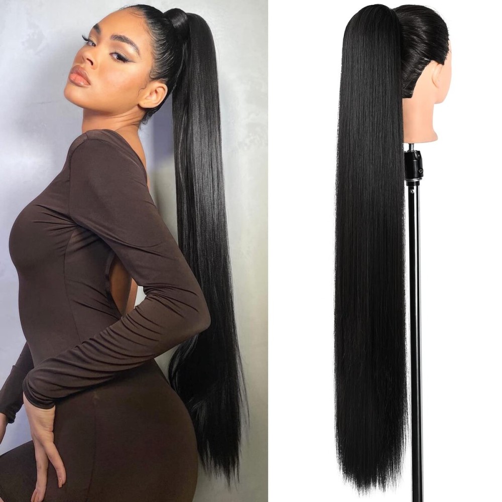SEIKEA Ponytail Extensions Drawstring Long Straight Fake Pony Tail Natural Soft Clip in Hair Extension Synthetic Heat Resistant Hairpiece 35 Inch 180 Gram Black