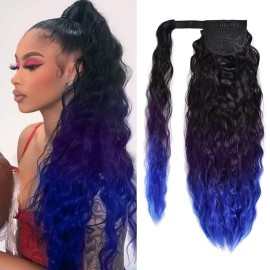 Corn Wave Ponytail Extension Clip in - 22 Inch Long Wavy Curly Wrap Around Pony Tail Synthetic Ponytail Hair Extainson for Women (Natural Black to Purple to Blue)