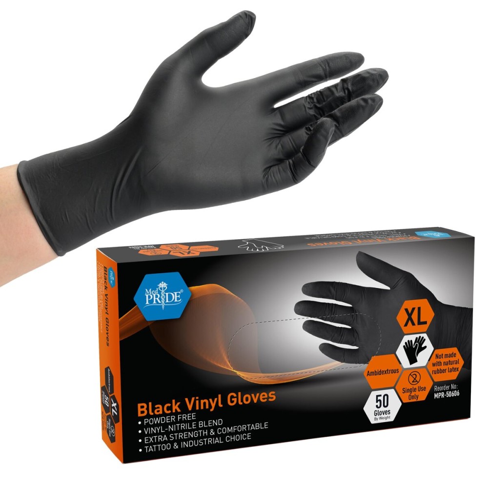 MED PRIDE Extra Strength Vinyl Disposable Gloves, Small 50 Pack - Black Ambidextrous Powder & Latex-Free Surgical Gloves For Tattoo Artists, Cleaners, Food Prep, Home & Industrial Use