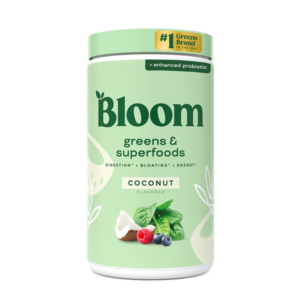 Bloom Nutrition Superfood Greens Powder, Digestive Enzymes with Probiotics and Prebiotics, Gut Health, Bloating Relief for Women, Chlorella, Green Juice Mix with Beet Root Powder, 60 SVG, Coconut