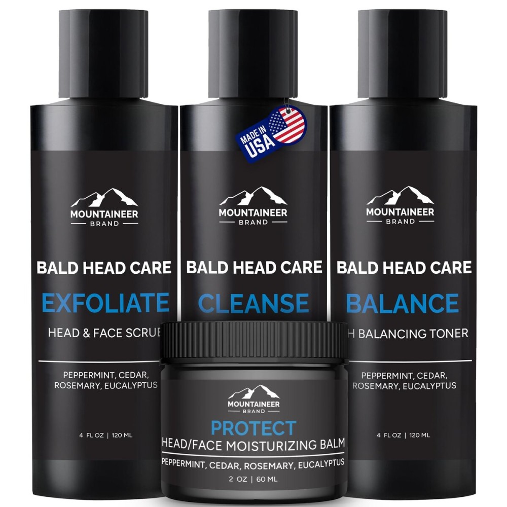 Mountaineer Brand Bald Head Care Gifts For Bald Men | All Natural 4 Step Daily Skin Care for Healthy Scalp & Face | Exfoliate Scrub | Cleanse Wash | Shine Away PH Balance | Protect Moisturizing Balm