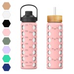 MUKOKO 24oz Glass Water Bottle with 2 Lids-Handle Flip Lid&Bamboo Straw Lid,Motivational Water Tumbler with Time Marker Reminder and Silicone Sleeve, Leakproof-Pink