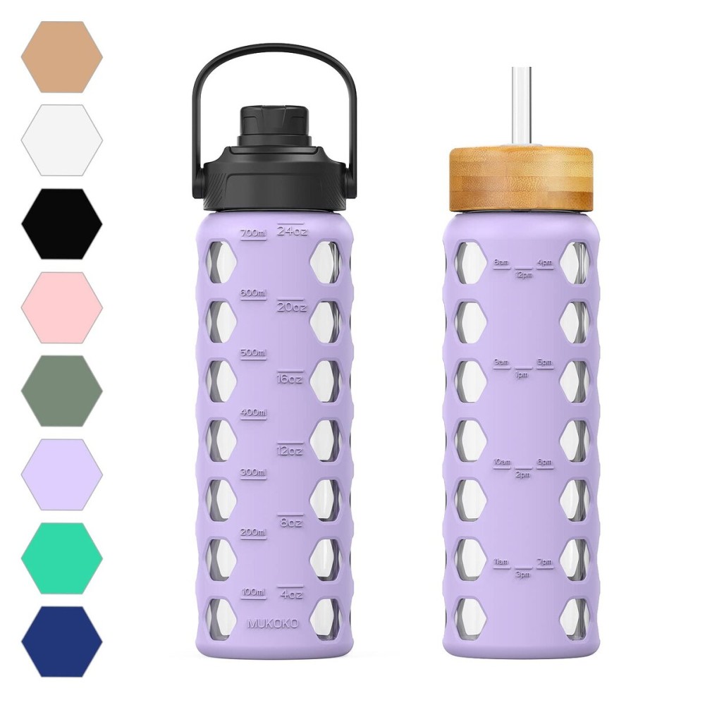 MUKOKO 24oz Glass Water Bottle with 2 Lids-Handle Flip Lid&Bamboo Straw Lid,Motivational Water Tumbler with Time Marker Reminder and Silicone Sleeve, Leakproof-Purple