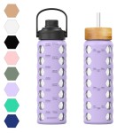 MUKOKO 24oz Glass Water Bottle with 2 Lids-Handle Flip Lid&Bamboo Straw Lid,Motivational Water Tumbler with Time Marker Reminder and Silicone Sleeve, Leakproof-Purple