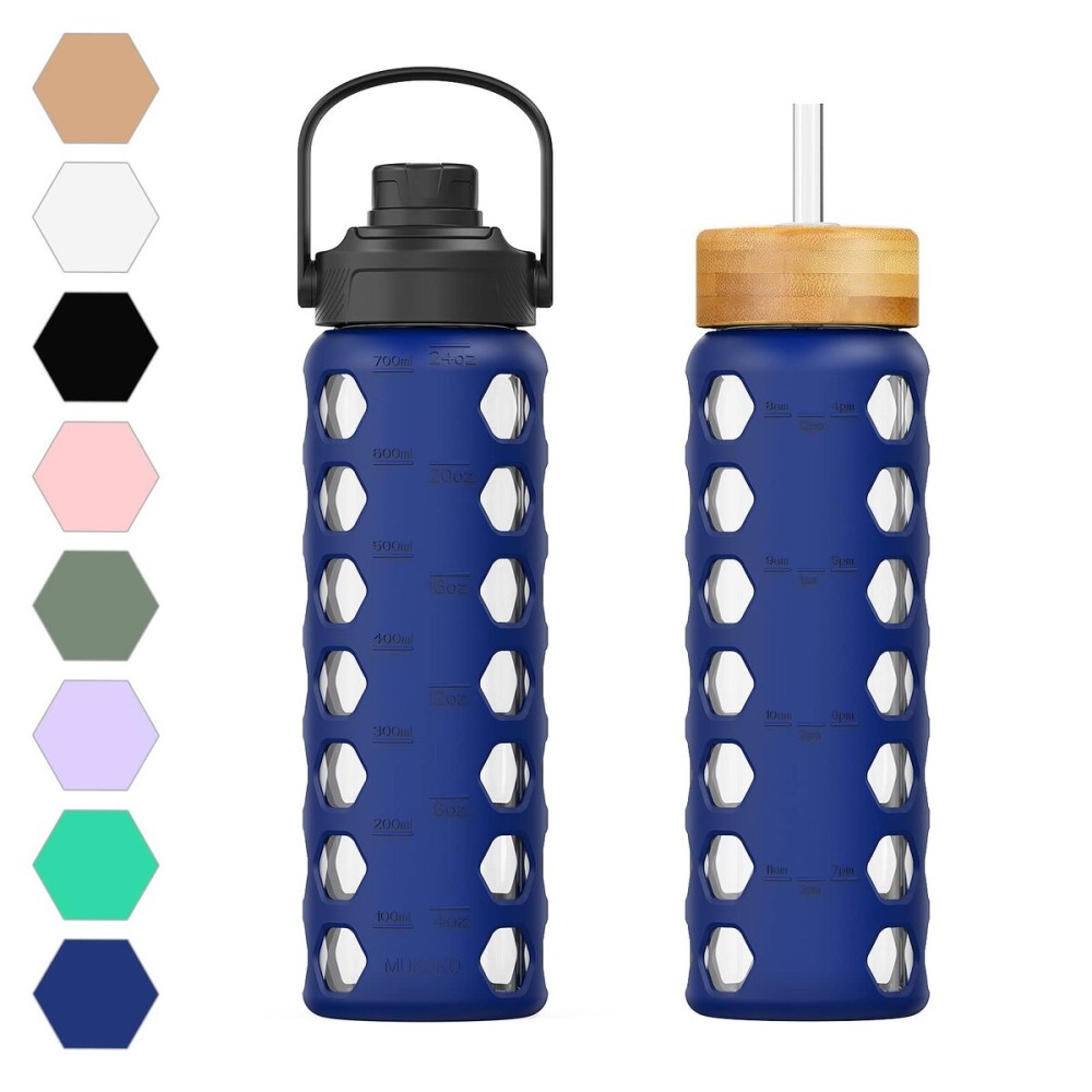 MUKOKO 24oz Glass Water Bottle with 2 Lids-Handle Flip Lid&Bamboo Straw Lid,Motivational Water Tumbler with Time Marker Reminder and Silicone Sleeve, Leakproof-Blue