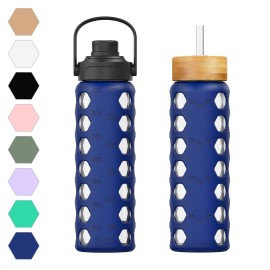 MUKOKO 24oz Glass Water Bottle with 2 Lids-Handle Flip Lid&Bamboo Straw Lid,Motivational Water Tumbler with Time Marker Reminder and Silicone Sleeve, Leakproof-Blue