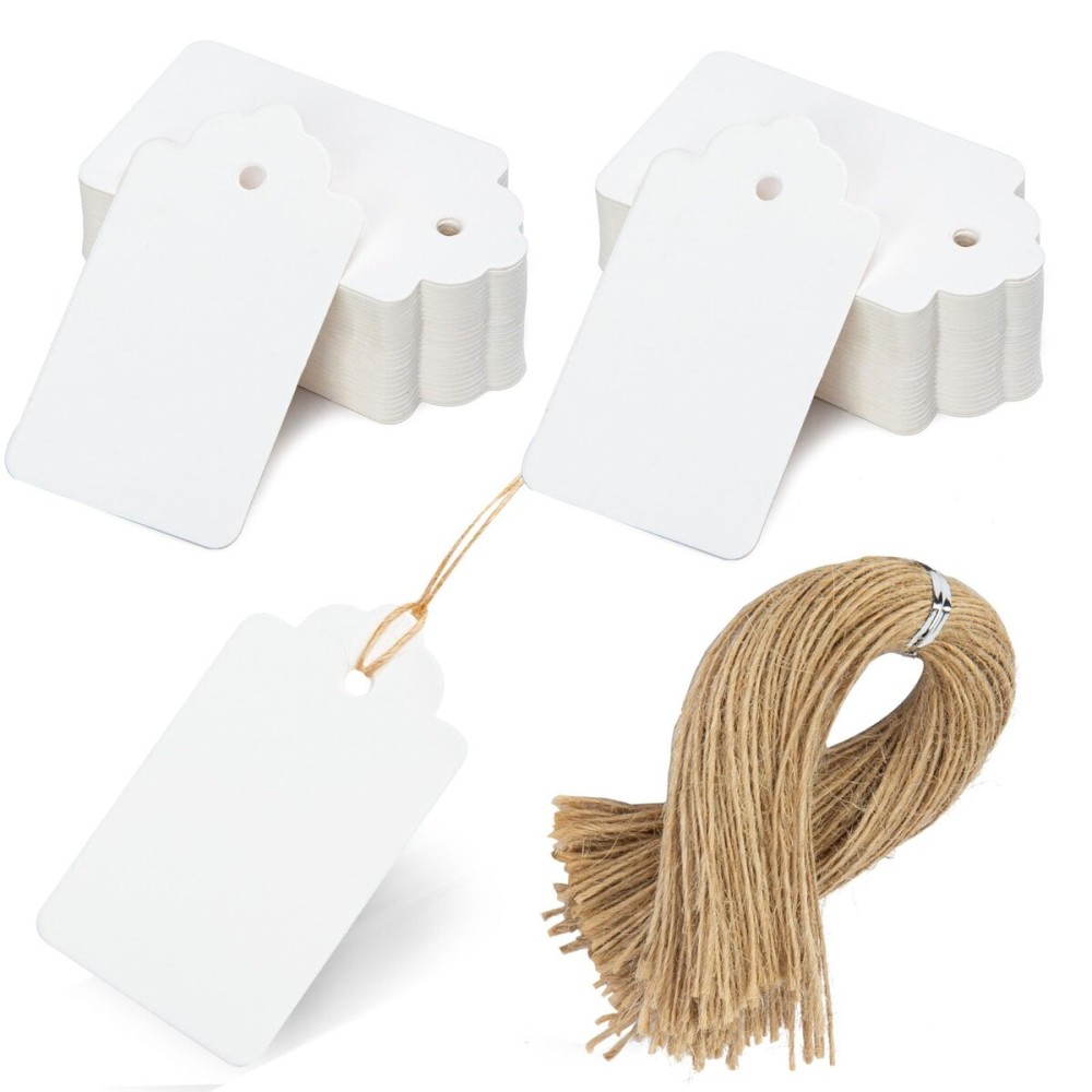 SallyFashion 100pcs Gift Tags with String Attached, 1.7 x 2.8 inch Kraft Paper Hang Tags for Clothes DIY Crafts Wedding Holiday (White)