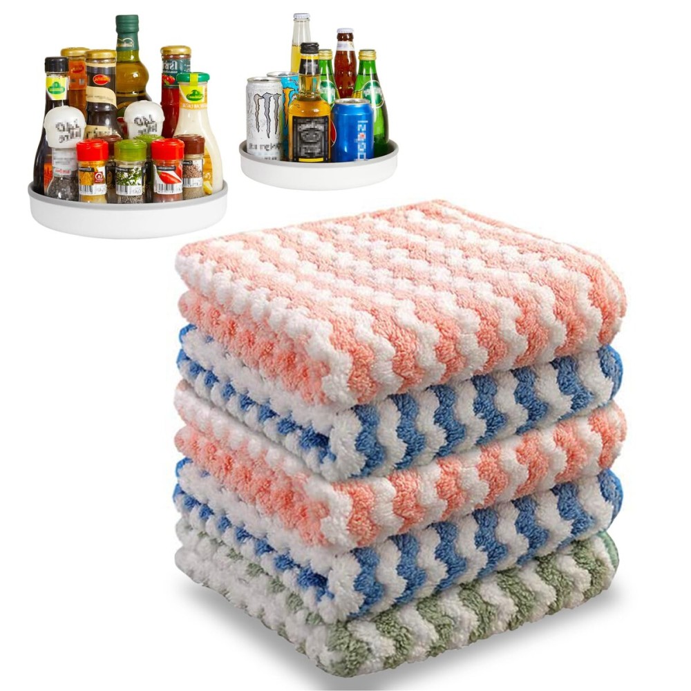 JOYMOOP Microfiber Cleaning Cloth, 5 PCS Kitchen Towels(10 x 10), Absorbent Streak Free Lint Cleaning Cloths, Reusable and Washable Dish Rags with 12 and 10 Lazy Susan Organizer