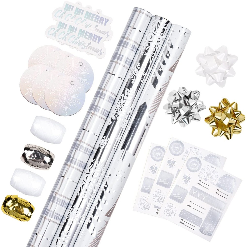 LeZakaa Christmas Wrapping Paper Bundle - Mini Roll with Bow, Ribbon, Sticker and Gift Tag -Silver Metallic Foil Design with Tree/Snowflake/Plaid Print- 17 x 120 inches -3 Rolls(42.5 sq.ft.ttl.)