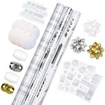 LeZakaa Christmas Wrapping Paper Bundle - Mini Roll with Bow, Ribbon, Sticker and Gift Tag -Silver Metallic Foil Design with Tree/Snowflake/Plaid Print- 17 x 120 inches -3 Rolls(42.5 sq.ft.ttl.)