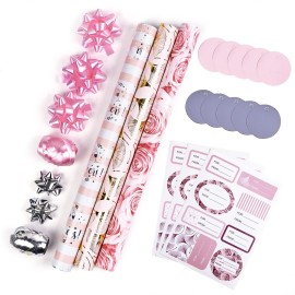 MAYPLUSS Wrapping Paper Set - Mini Roll with Bow & Ribbon & Gift Tags & Stickers - 17 inch X 120 inch Per roll - Pink Design (42.3 sq.ft.TTL)