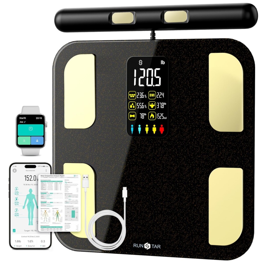 Scale for Body Weight, RunSTAR 8 Electrodes High Accurate Rechargeable Composition Analyzer with BMR Index Body Fat Digital Scale Composition Muscle & Fat Measurement Large Display 400lb
