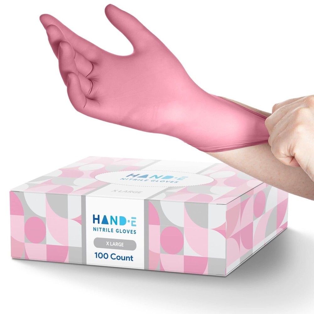Hand-E Touch Pink Nitrile Disposable Gloves X-large, 100 Count - Esthetician, Nail Tech, Microblading, Hair Dye & Stylist, Salon, Cleaning Gloves - Latex Free