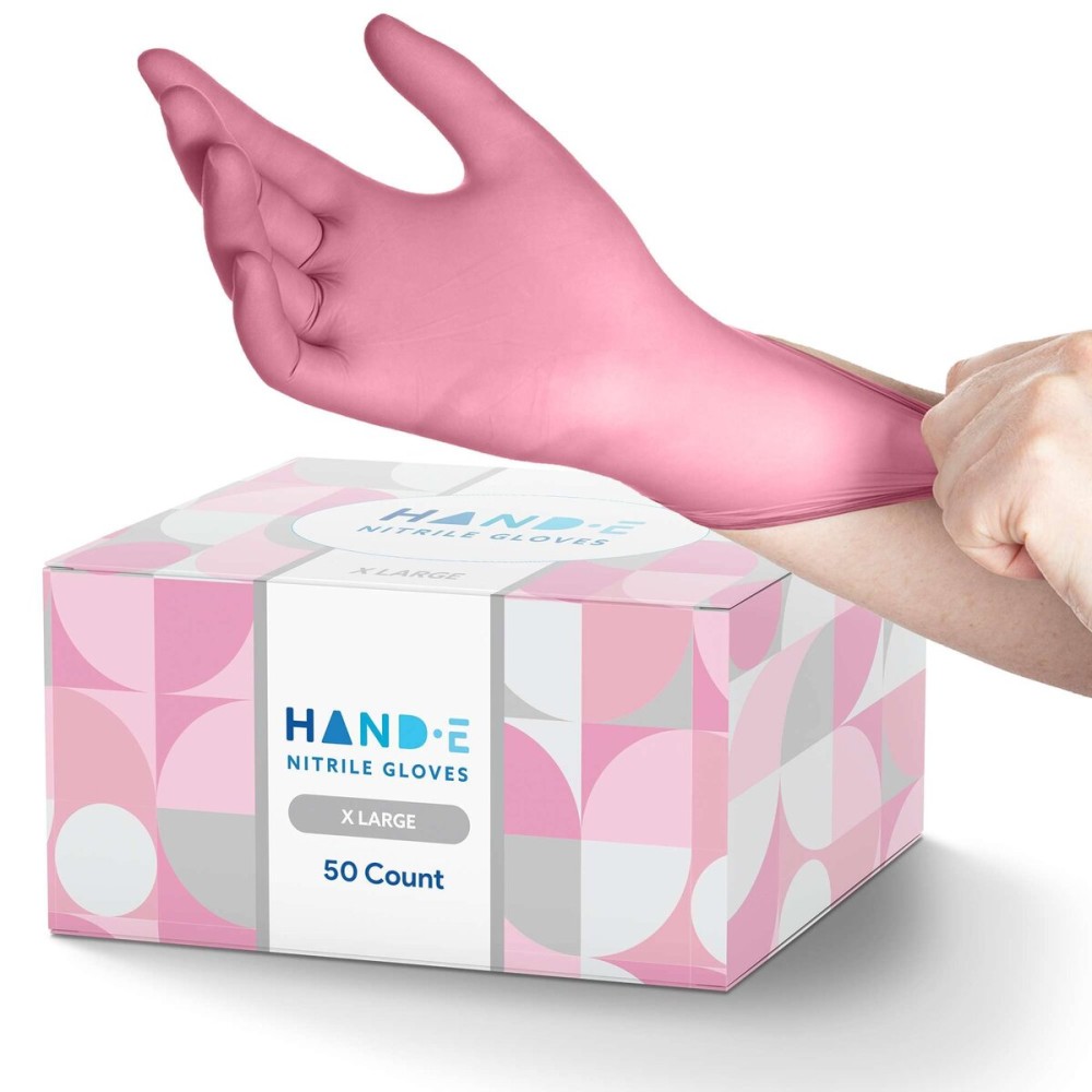 Hand-E Touch Pink Nitrile Rubber Disposable Gloves, X-Large, 50 Count - Latex Free, Food Safe Exam & Tattoo Gloves for Women & Men - Cleaning, Salon & Mechanic Use