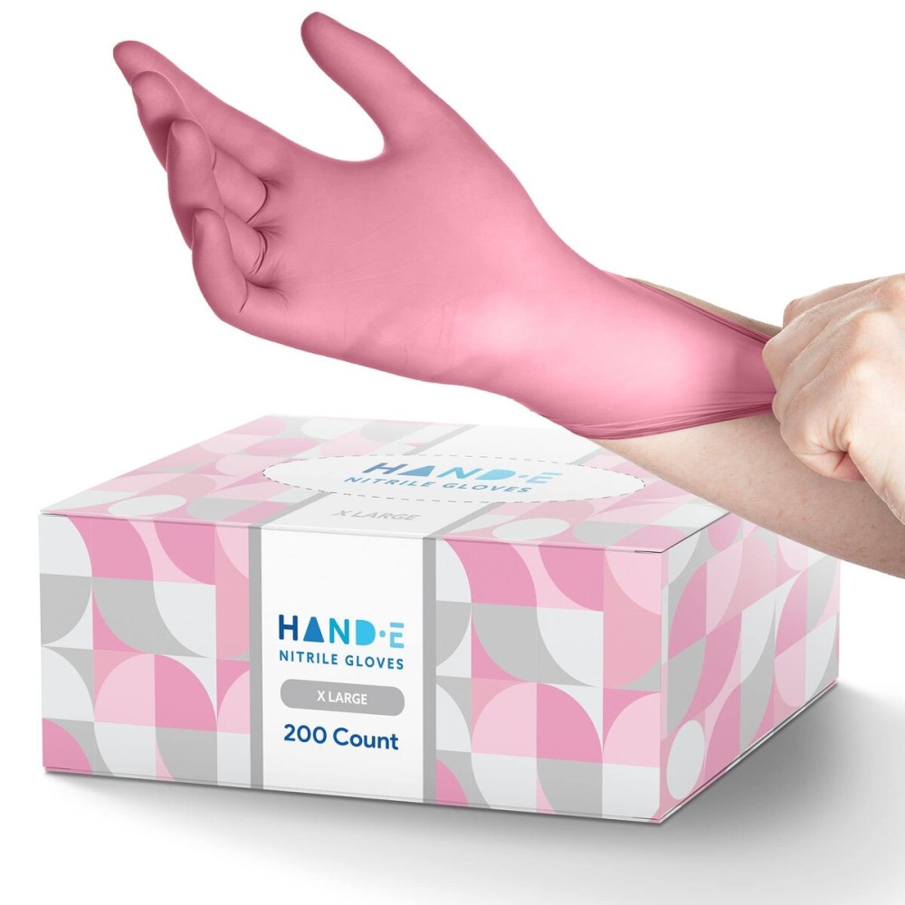 Hand-E Touch Pink Nitrile Disposable Gloves X-large, 200 Count - Esthetician, Nail Tech, Microblading, Hair Dye & Stylist, Salon, Cleaning Gloves - Latex Free