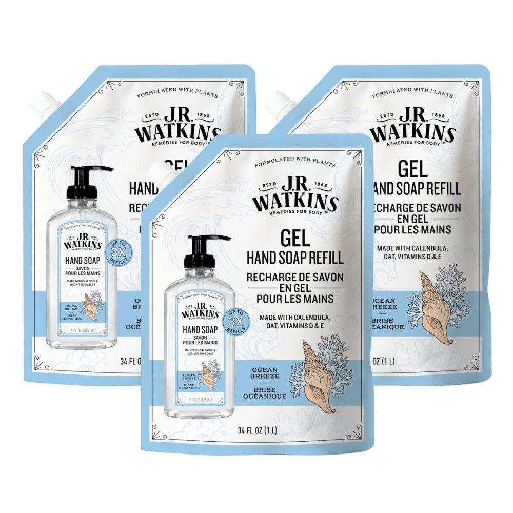 J.R. Watkins Gel Hand Soap Refill, Moisturizing Hand Wash, Alcohol-Free, Cruelty-Free, Ocean Breeze, 34 Fl Oz, 3 Pack