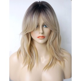 Short Wavy Blonde Wigs ombre for white women medium length wolf -tail wave wig with bangs Synthetic wig Highlight for white Women (Blonde Mixed 3165)