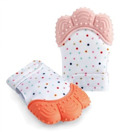 PandaEar Soothing Teething Mitten 2 Pack, Pain Relief, Protection Glove, Stimulating Teether, 0-12 Months (Orange Pink)