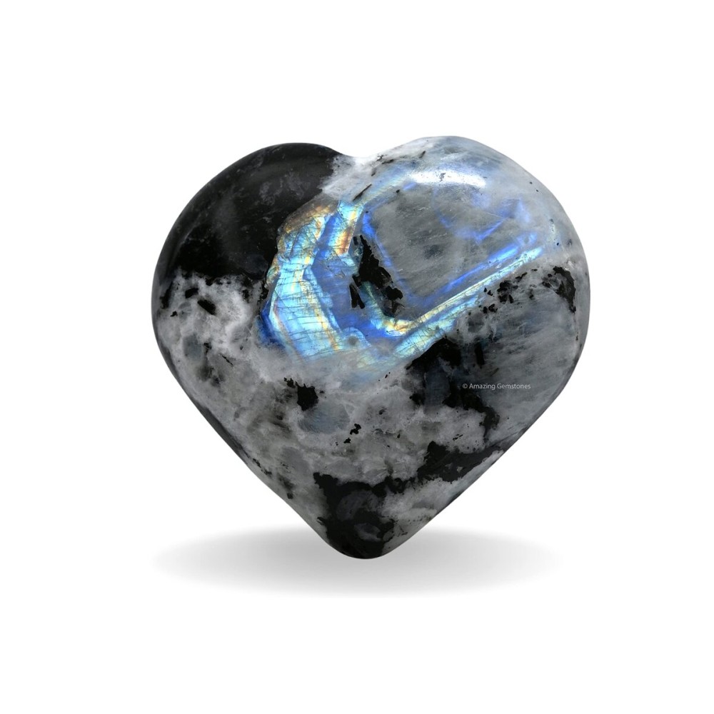 Amazing Gemstone Rainbow Moonstone Crystal Heart Palm Stone - Pocket Massage Worry Stone for Natural Body Chakra Balancing, Reiki Healing and Crystal Grid