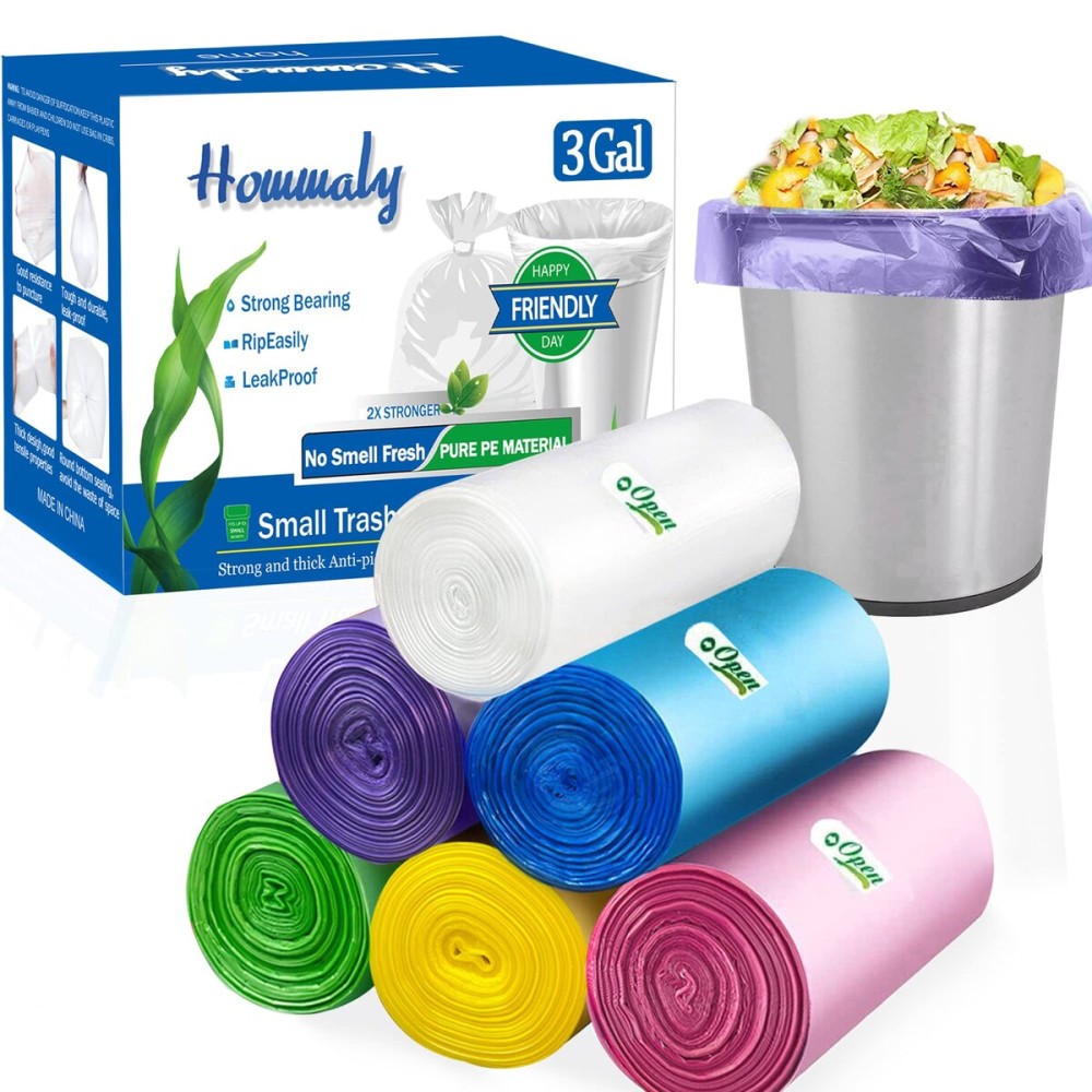 3 Gallon 300pcs Multicolr small Trash Bags Strong Garbage Bags, Bathroom mini Trash Can Bin Liners, Small Plastic Bags for office, waste basket liner, fit 12 Liter,2.6,3,3.2GalMulticolr 300