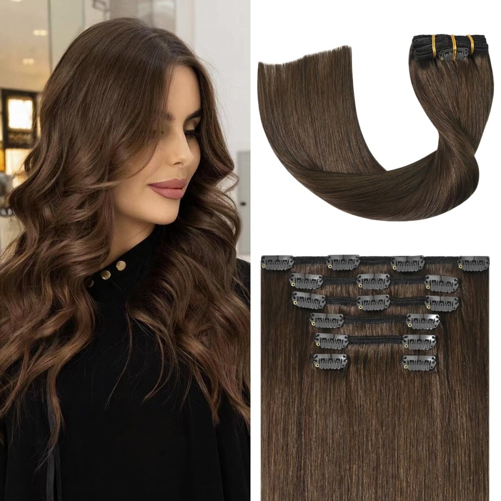 UGOTRAYS Medium Brown Hair Extensions Real Human Hair Clip ins for Women, 70g 7pcs 12inch,Soft & Natural Straight Double Weft for Women 4 Chocolate Brown Human Hair Extensions