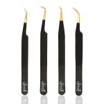 SIVOTE Fiber Tip Lash Tweezers for Eyelash Extensions with Diamond Grip, Black, Set of 4 - Precise Tips Japanese Steel for Classic, Volume & Mega Volume Lashes, Anti-Rust - Ideal for Lash Artists